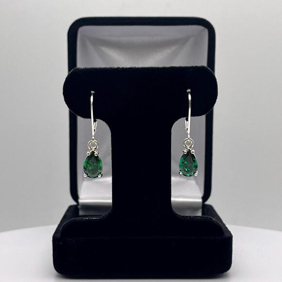 Beautiful 3ctw Pear Cut Emerald Earrings in Sterling Silver Dangle Leverbacks - Picture 7 of 10